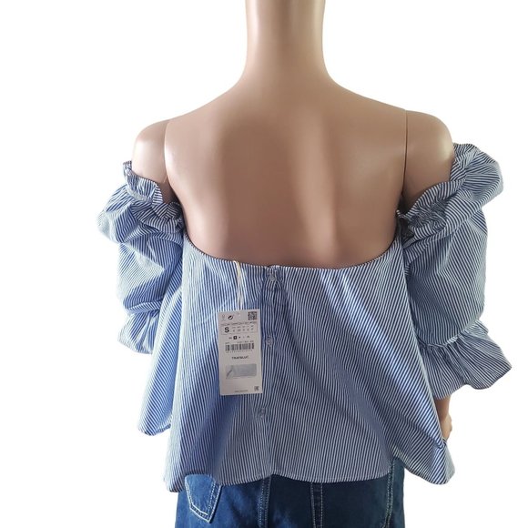 NEW Zara Trafaluc Sz S Blue Striped Off the Shoulder 3/4 Sleeve Blouse - Picture 2 of 11